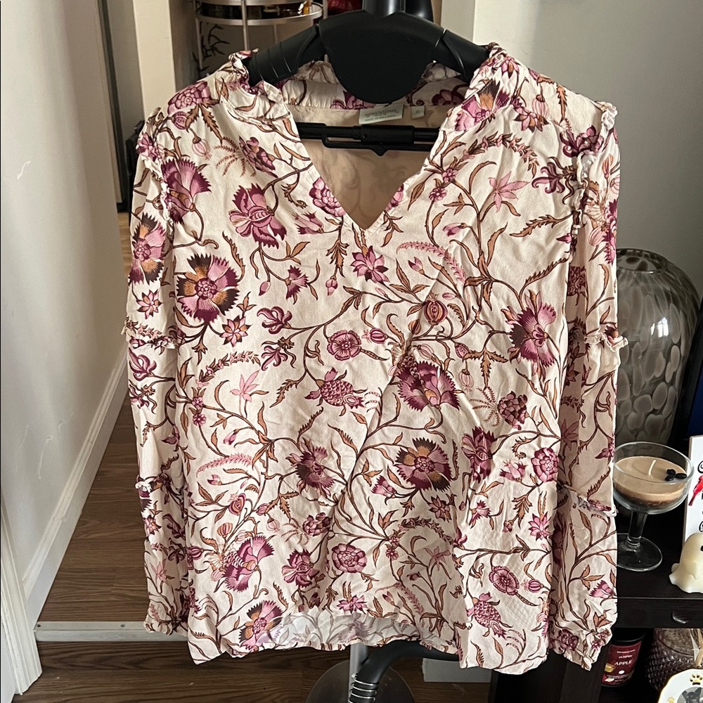 Spartina 449 Floral V-Neck Blouse in Pink and Cream